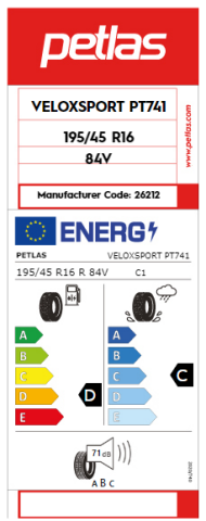 Petlas 195/45R16 TL 84V Reinf. Velox Sport  PT741 Otomobil Yaz Lastiği (2024)