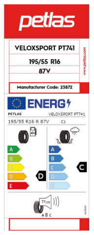 Petlas 195/55R16 TL 87V Velox Sport PT741 Otomobil Yaz Lastiği